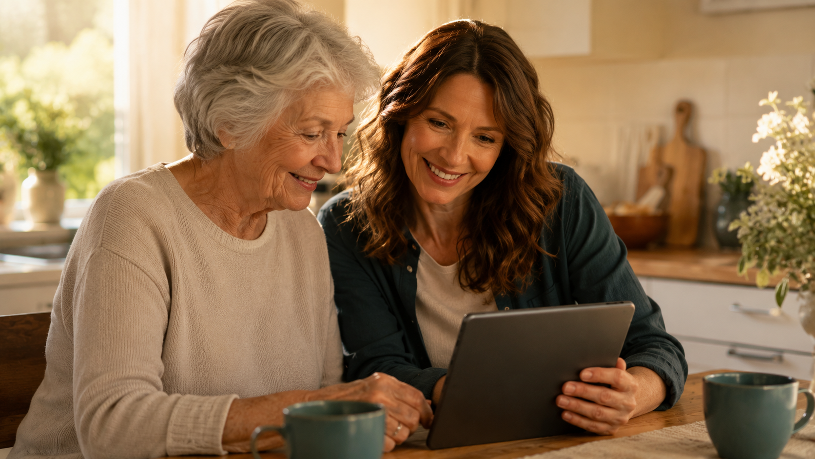 Two generations of family looking at a tablet together at home