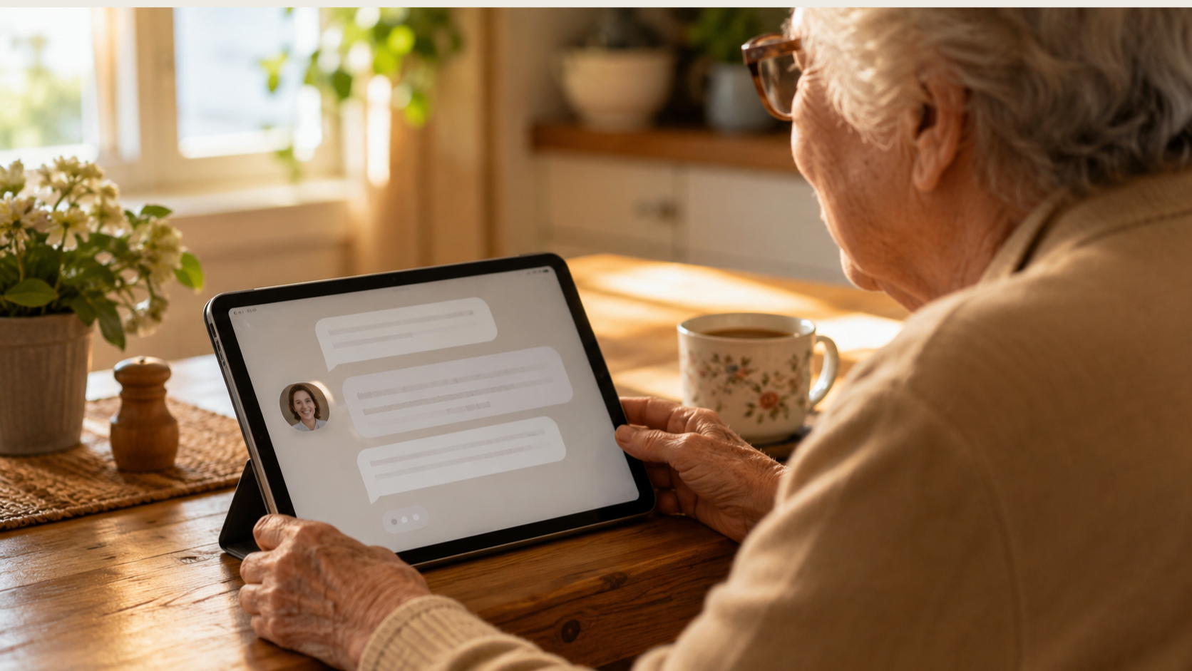 An older adult using a tablet at their kitchen table, comfortable and unhurried